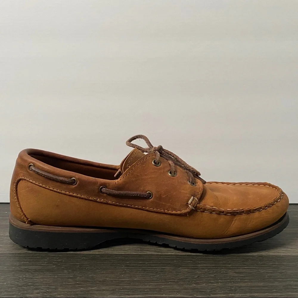 Quoddy Moccasin Boat Shoes Brown Leather Loafers Mens Size 12 Vibram Soles Tread - Picture 7 of 11